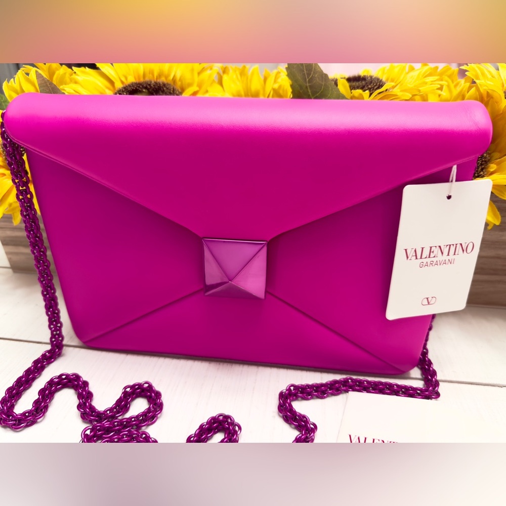 VALENTINO GARAVANI PINK PP Leather Clutch Bag One Stud Chain Strap - Picture 8 of 8